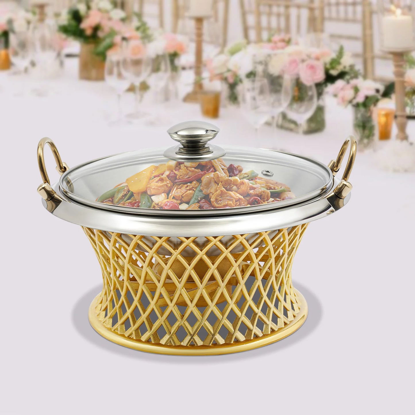 24cm round Stainless Steel Chafing Dish with Lid for Wedding BBQ Party Decoration Kitchen Essential Aluminum Alloy Pot