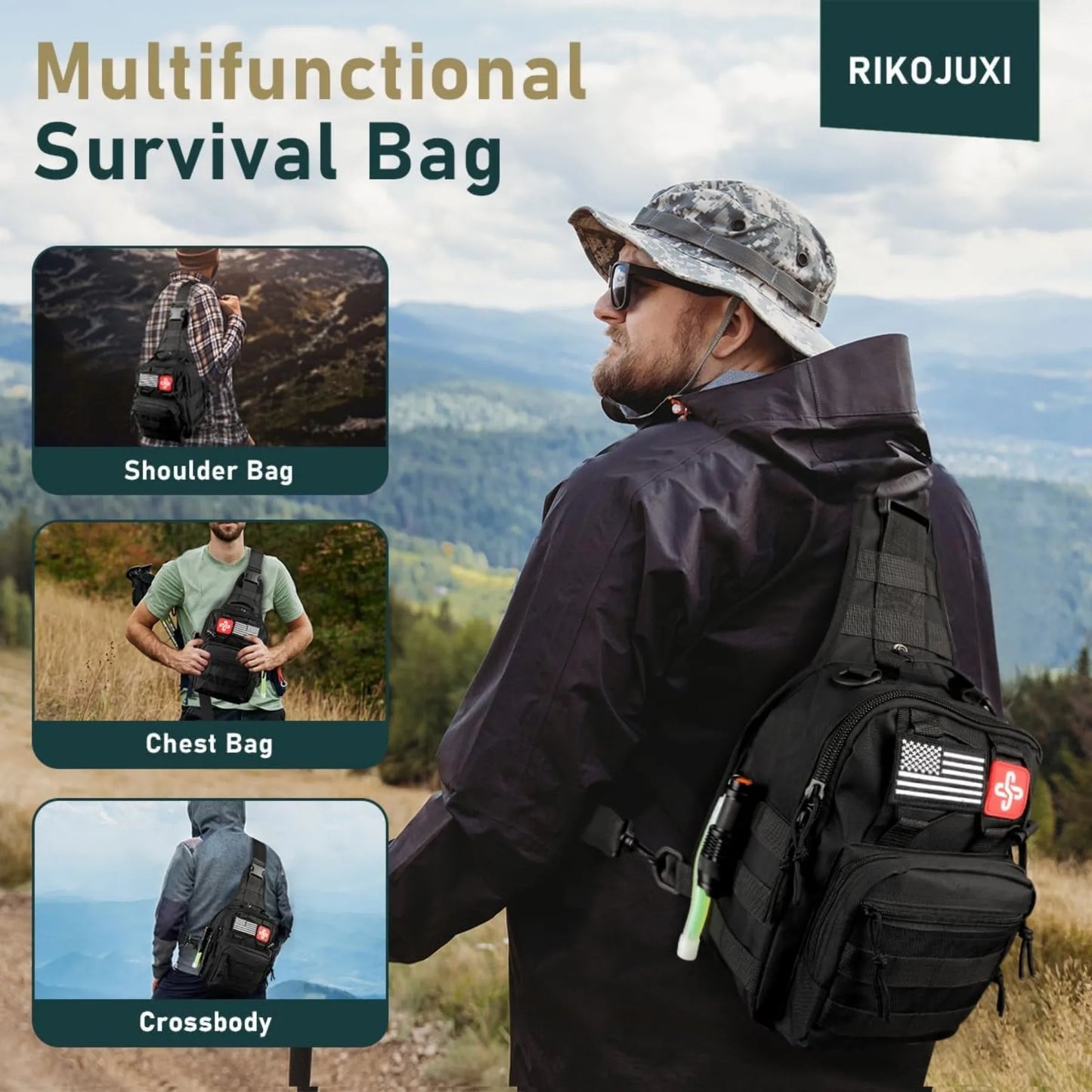 Survival kit, 262 pieces of survival equipment and supplies, first aid kit and crossbody bag