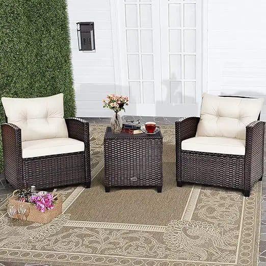 3 Piece Patio Furniture Set, Wicker Bistro Conversation Set w/ 2 Cushioned Armchairs & Glass Topped Table, Outdoor Rattan Sofa