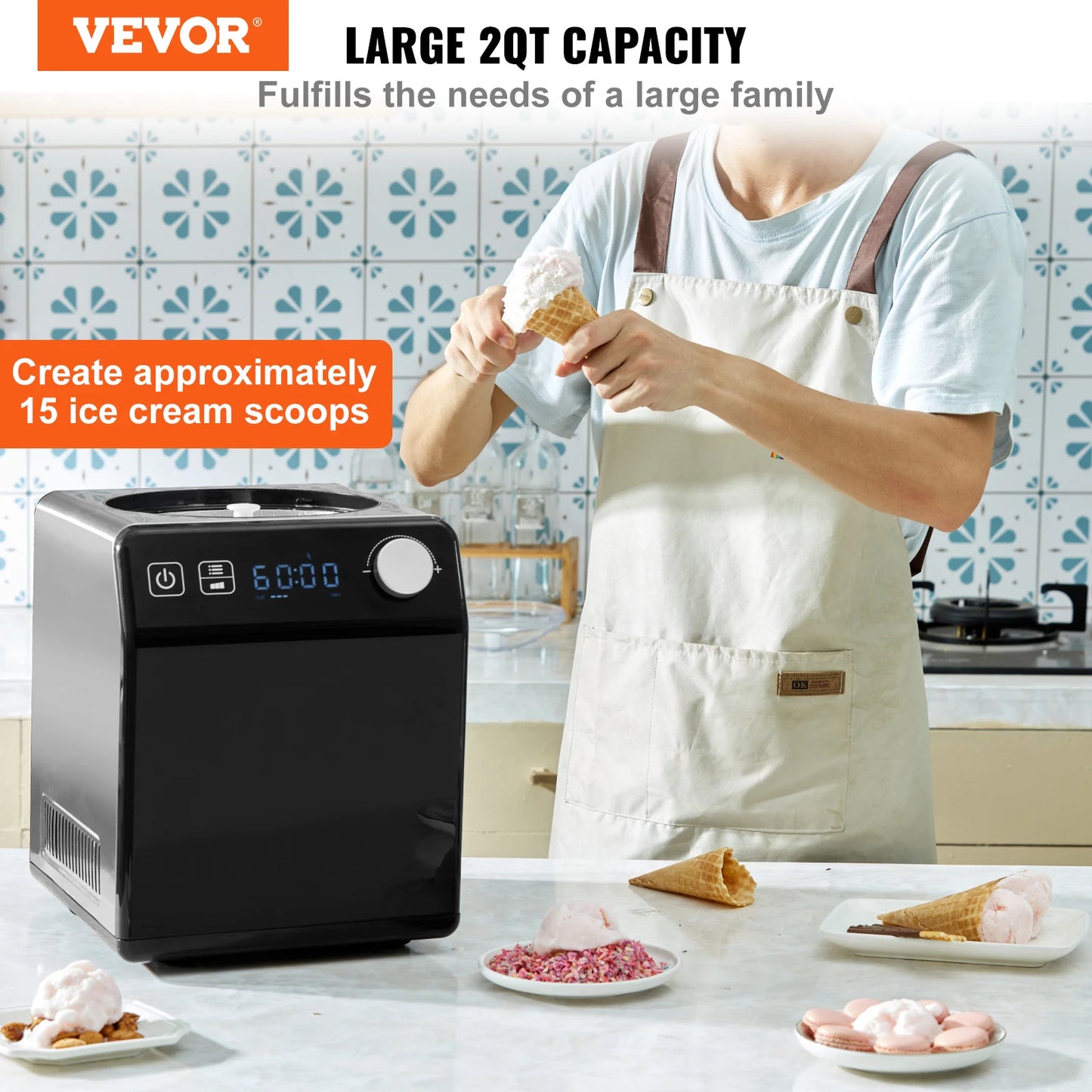 VEVOR Upright Automatic Ice Cream Maker with Built-in Compressor