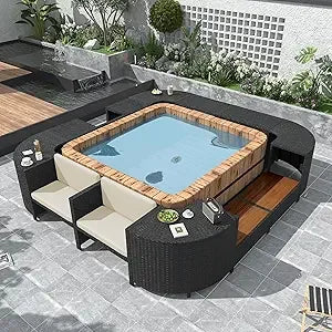 Beige Rattan Patio Furniture Set with Wooden Seats Storage Spaces Quadrilateral Outdoor Sofa Set for Spa Surround