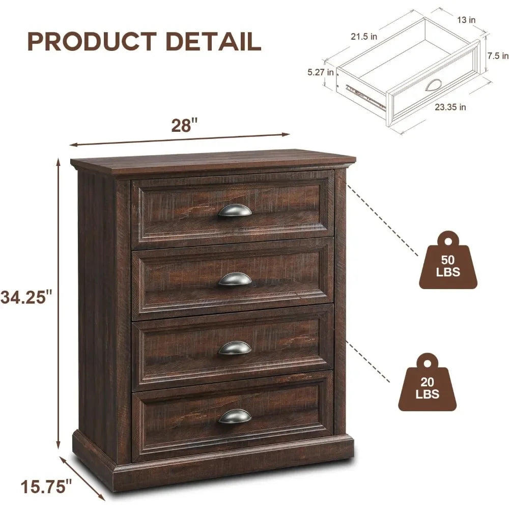 Farmhouse Dresser for Bedroom with 5 Drawers, 34" Tall Bedroom Dresser, Wood Rustic Chest of Drawers Organizer Storage