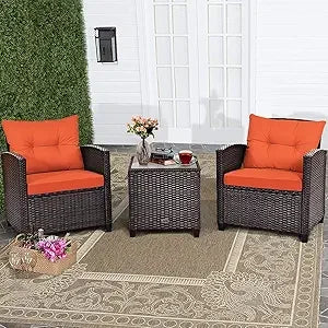 3 Piece Patio Furniture Set, Wicker Bistro Conversation Set w/ 2 Cushioned Armchairs & Glass Topped Table, Outdoor Rattan Sofa