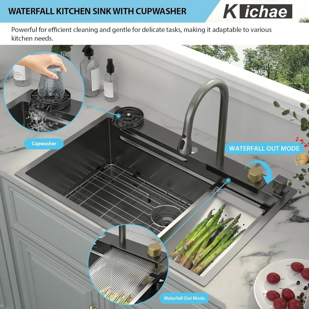 33 Black Kitchen Sink Drop In Waterfall 33x22 Stainless Steel