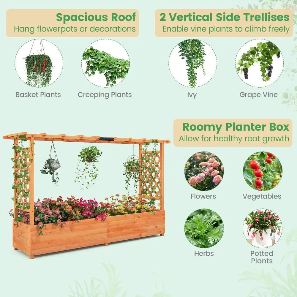 Raised Garden Bed with Trellis & Hanging Roof Planter