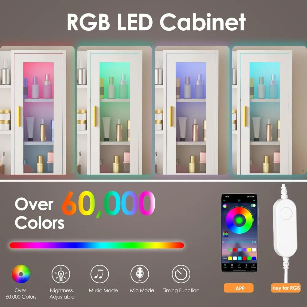 51.8 Inch Makeup Vanity Desk with Mirror and Lights White Vanity Table with RGB Cabinets Eight Drawers Power Outlet Large Dresser