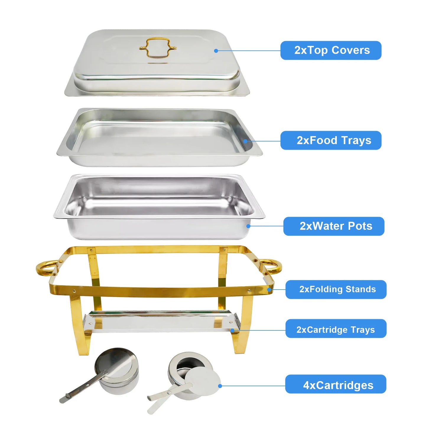 4 Pack Rectangular Chafing Dishes Set 8QT 9QT Semi Gold Plated Stainless Steel Buffet Warmer for Hotel Catering or Wedding Parties