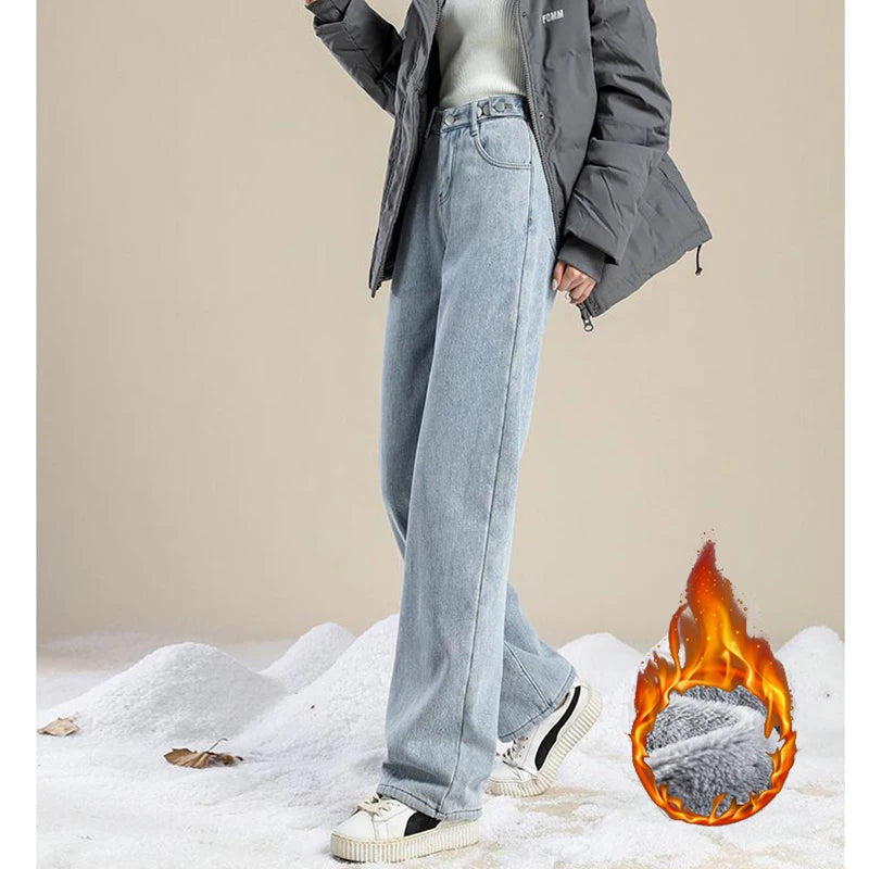 Winter Girls Plush Thermal High Waist Solid Jeans Lady Fleece Snow Warm Denim Pants Women Baggy Straight Leg Daily Trousers