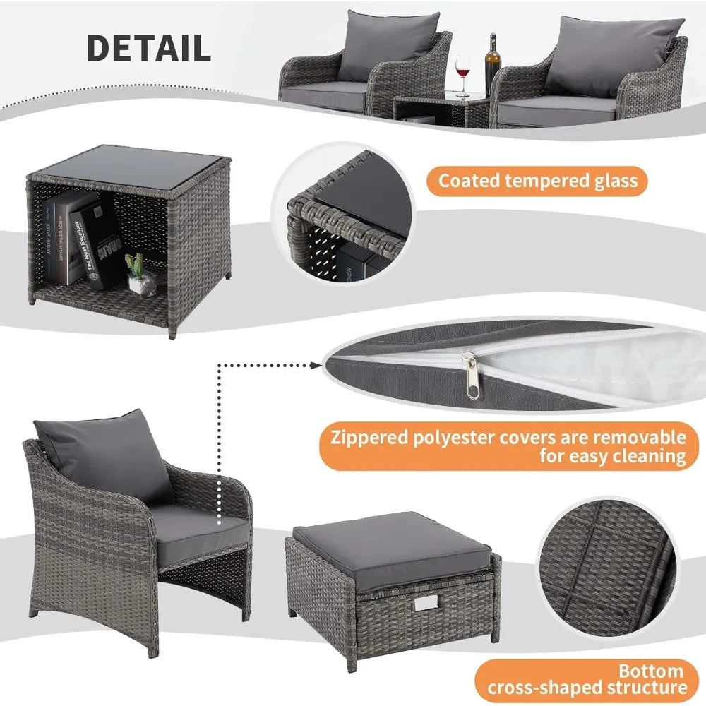 5 Piece Balcony Furniture, All Weather PE Wicker Rattan Patio Furniture Set, Cushioned Patio Chairs Set of 2 w/Ottoman & Table,