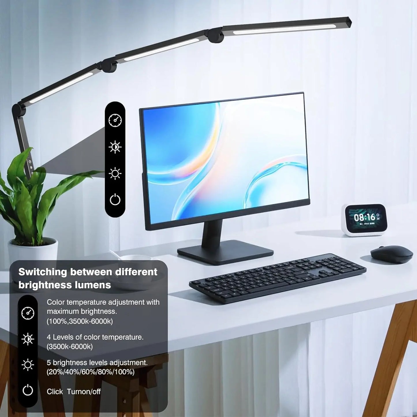 LED Desk Lamp with Clip, Multi-Angle Flexible 4-Segment 3-Light Source Office Desk Lamp, Table Lamp for Home Office Studio