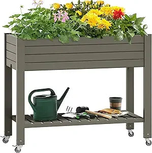YITAHOME 3.6x1.5x2.8 FT Resin Garden Bed Kit with Legs And Wheels Outdoor Elevated Planter Box Stand Light Brown Weather Resistant