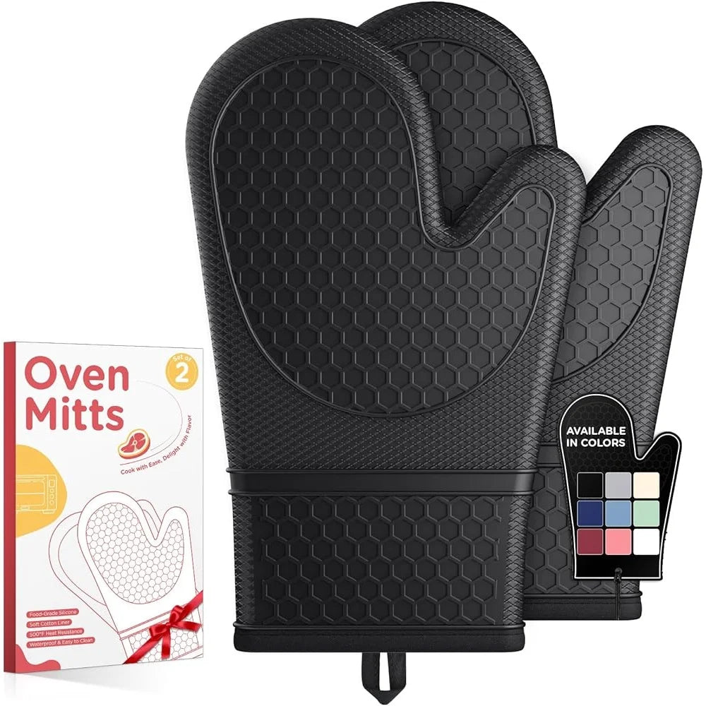 Silicone Oven Mitts Set Heat Resistant Gloves Non-Slip Kitchen Essentials Soft Lining Easy Clean Storage Grilling Baking BBQ