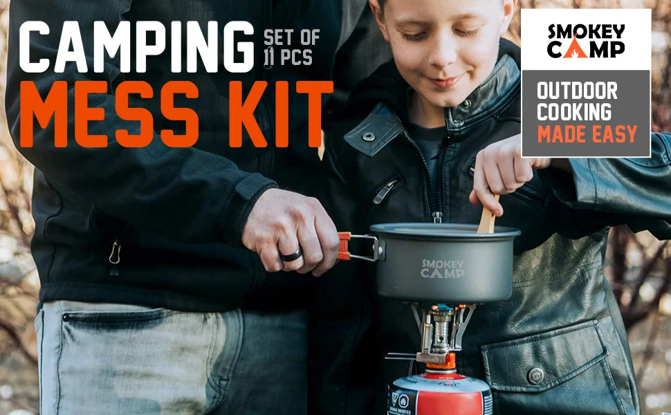 Non Stick Camping Cookware Mess Kit Set with Stove Aluminum Backpacking Pots and Pans Portable Cooking System for 3 to 5 Users