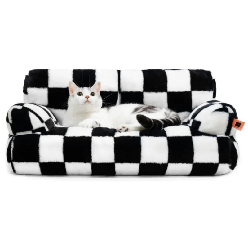 Mewoofun Pet Couch Bed Washable Fluffy Cat or Dog Bed for Medium Small up to 25 Lbs Black White Beige - 26x19x13 Inch
