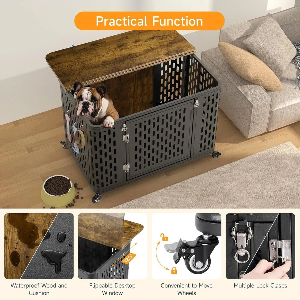 Heavy Duty Wood Dog Crate with Cushion Flip Top & Wheels Escape Proof Pet Cage for High Anxiety Dogs Furniture Style