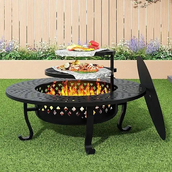 Wood Burning Outdoor Fire Pit Grill Table Round Patio
