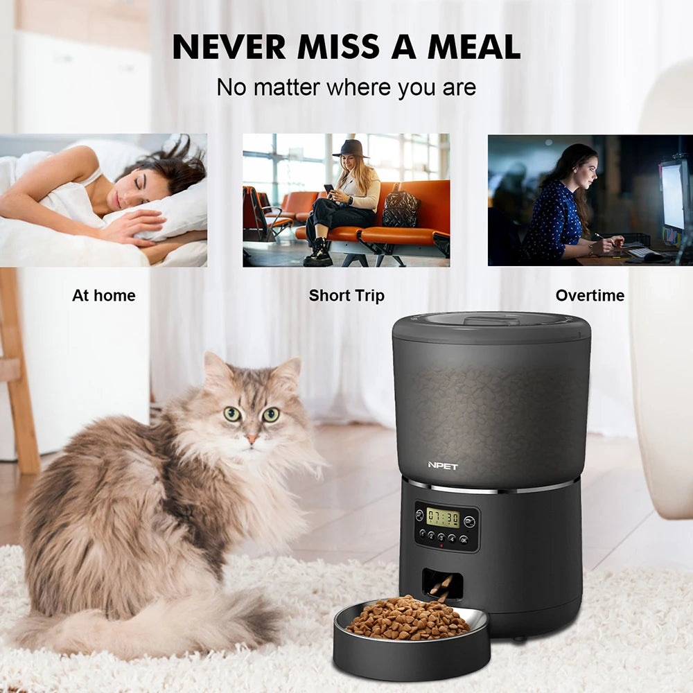 NPET 4L Smart Pet Feeder Automatic for Cats/Dogs with Stainless Steel Bowl - Customizable 1-9 Portions Food Dispenser with Timer