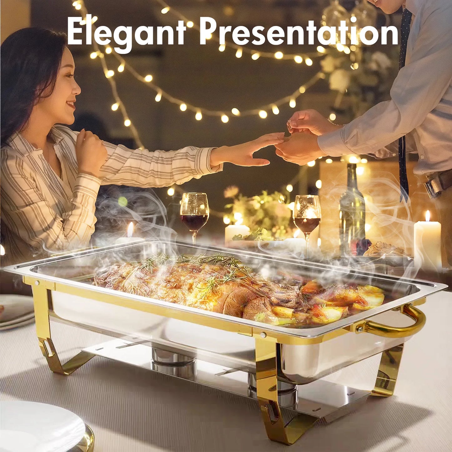 4 Pack Rectangular Chafing Dishes Set 8QT 9QT Semi Gold Plated Stainless Steel Buffet Warmer for Hotel Catering or Wedding Parties