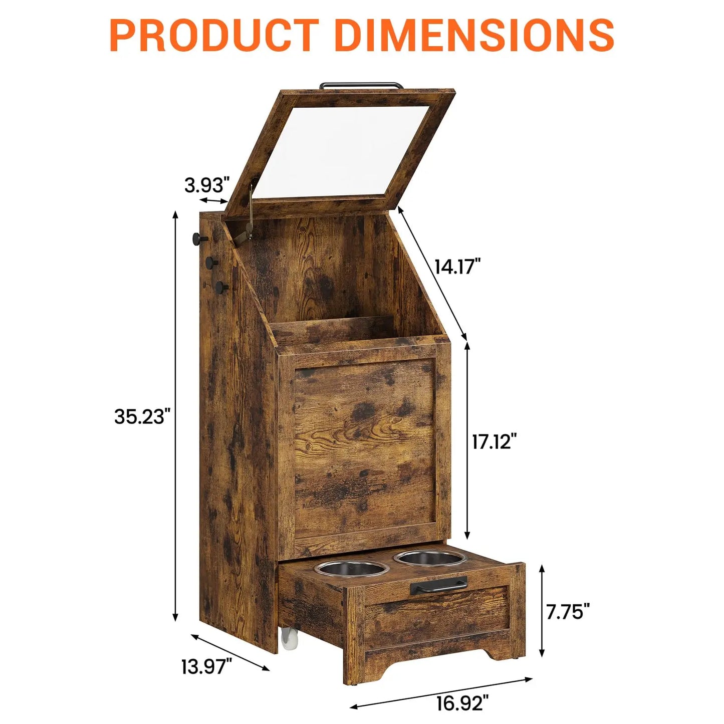 Large Dog Food Storage Cabinet with Flip Top - Pet Feeding Station & Organizer w/Transparent Lid, Side Hooks for Leashes etc.