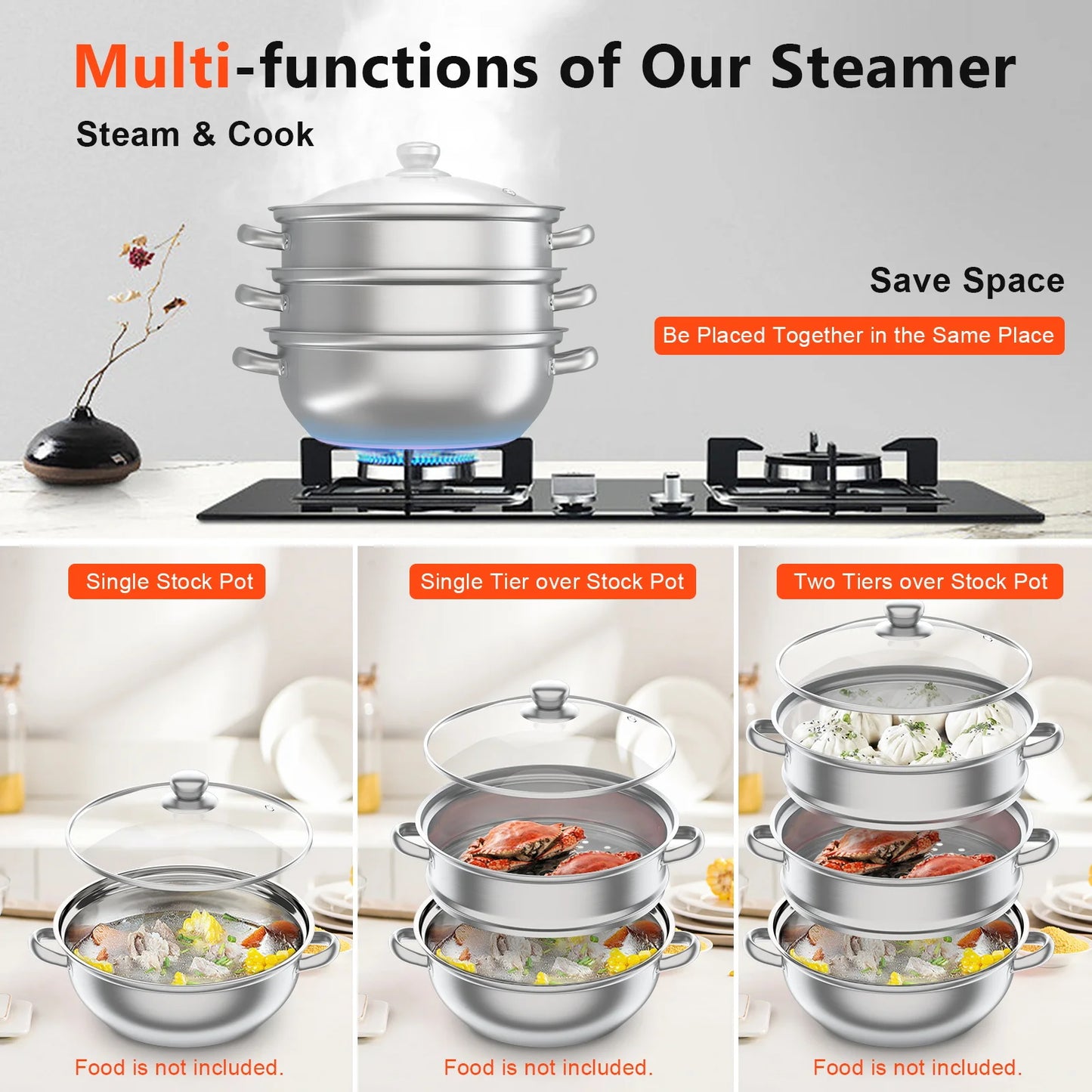 3 Tier Stainless Steel Steamer 28cm Overlapping Kitchen Soup Cooker Set with Glass Lid Silver