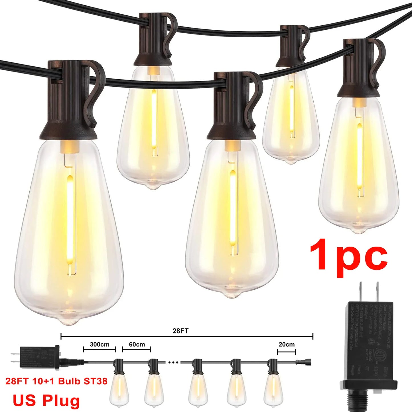 ST38 String Lights Outdoor 28FT 1/2/3 Pack with US Plug 10+1 LED Patio Fairy Garden Lamps for Home Xmas New Year Party Halloween