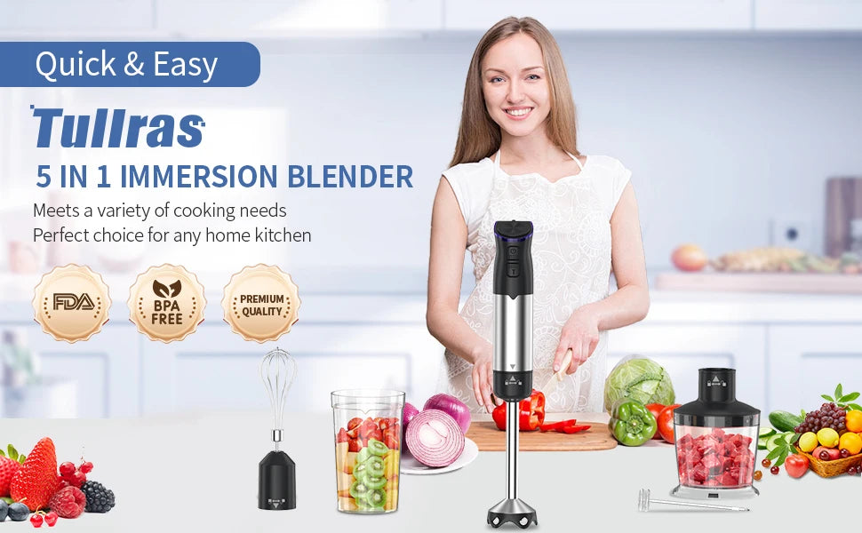 1000W Electric Immersion Handheld Blender 5 in 1 Kitchen Appliance for Soups Smoothies Purees and Baby Food Stainless Steel