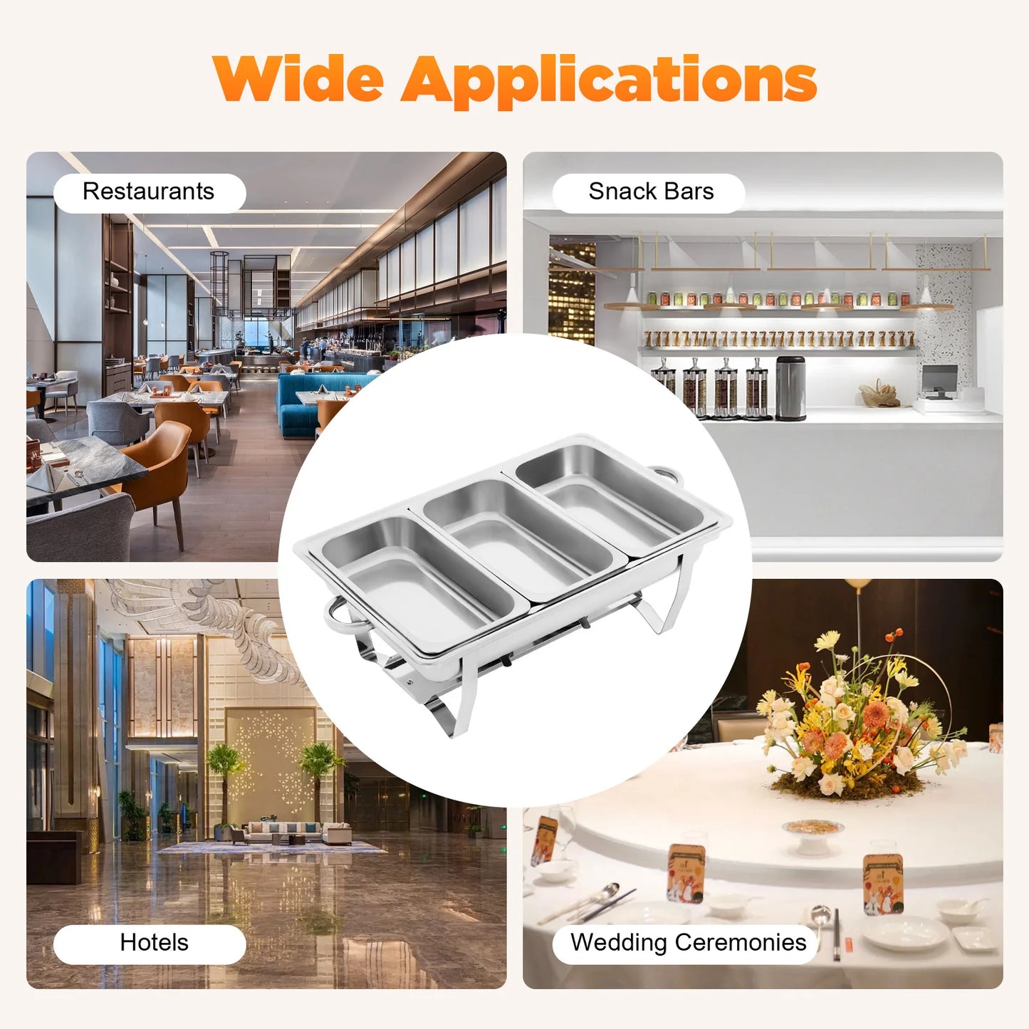 Modern 3-Compartment 2.5L Stainless Steel Chafing Dish Rectangular Buffet Serving Set for Catering Chafer Warmer