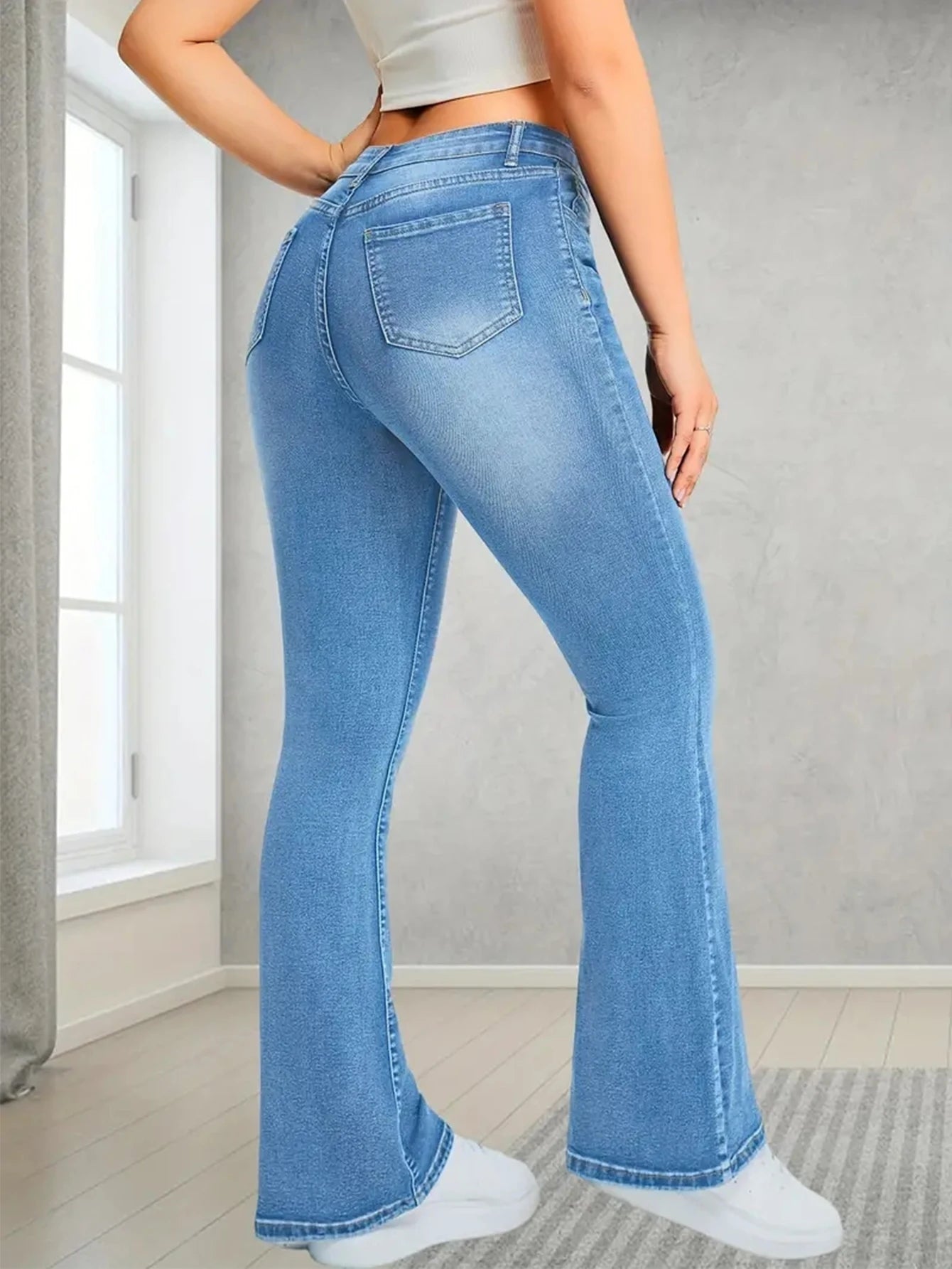 New Women Casual Micro Flares Jeans Fashion Pockets Button Splice Washed Denim Pants Streetwear Female Office Commuter Trousers