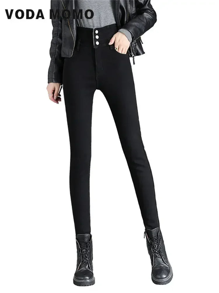 Winter Korean stytle Casual Jeans high waist Thick Fleece High-waist Warm Skinny Jeans Thick Women Stretch Harajuku Pencil Pants