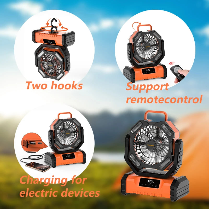 2025 New 20000mAh LED Camping Fan Portable Touch Control 5 Speed USB Rechargeable Outdoor Accessory Long Battery Life