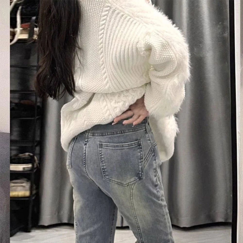 Retro Light Blue Micro Flare Jeans Women Korean Vintage Streetwear Slim Fit Lady Elastic Hight Waist Thin Baggy Denim Pants