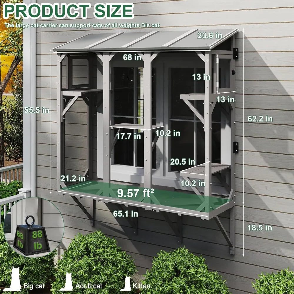 Expandable Window Box Enclosure for Multiple Indoor Cats, Comfortable Wooden Small Pet Perch House, All-Weather Use