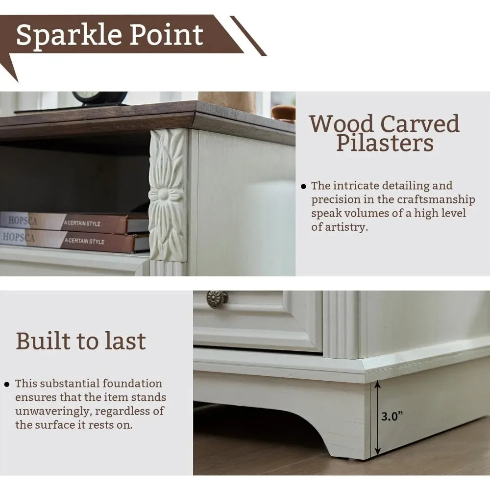 Farmhouse Nightstand with Charging Station 20" End Table 2 Drawers Carved Storage Cabinet Modern Bedroom Furniture