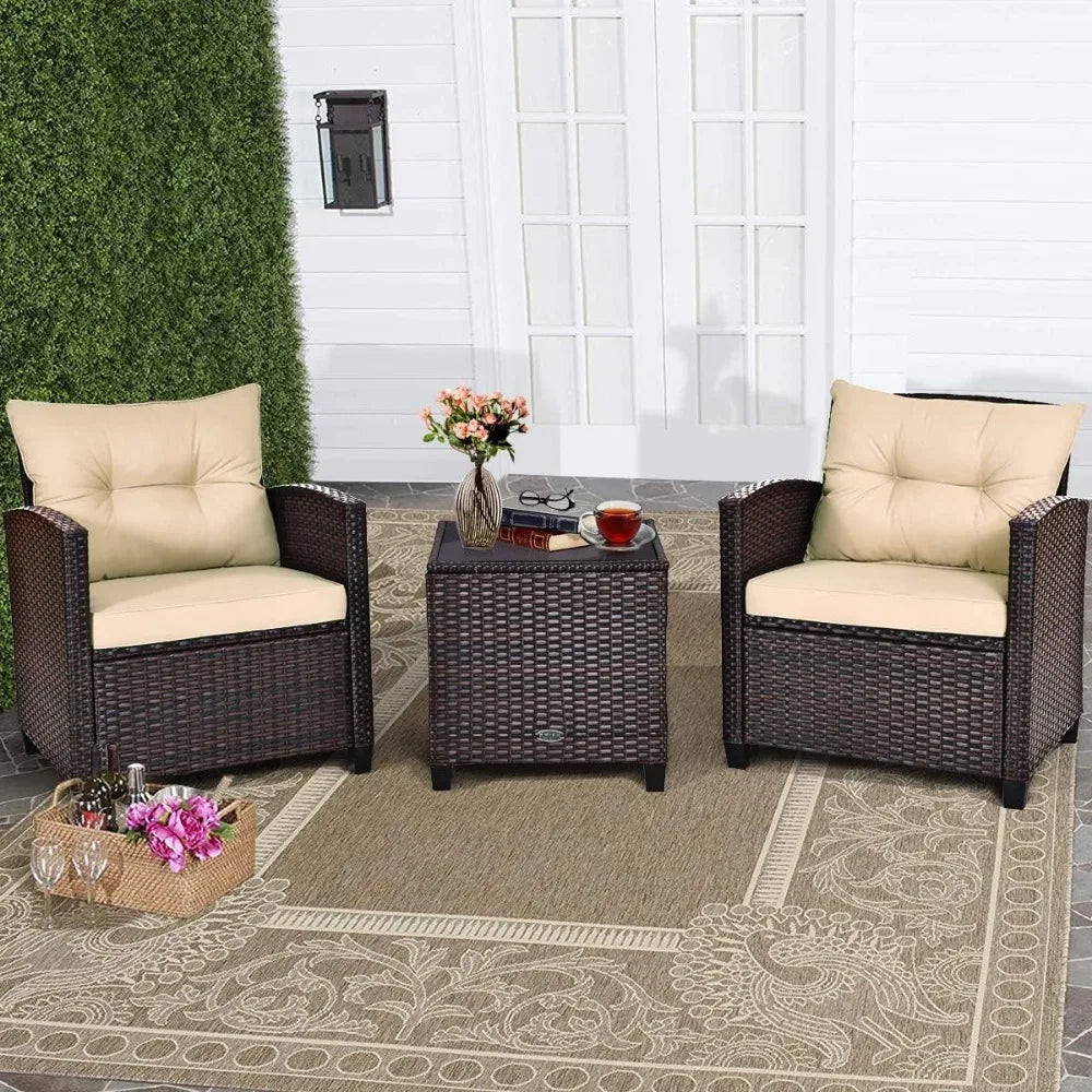 3 Piece Patio Furniture Set, Wicker Bistro Conversation Set w/ 2 Cushioned Armchairs & Glass Topped Table, Outdoor Rattan Sofa