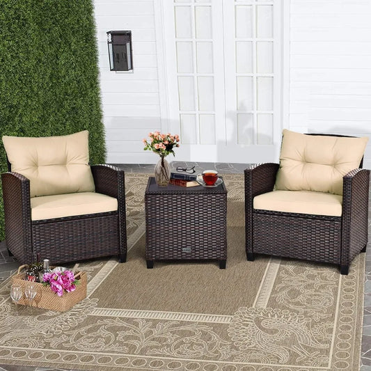 3 Piece Patio Furniture Set, Wicker Bistro Conversation Set w/ 2 Cushioned Armchairs & Glass Topped Table, Outdoor Rattan Sofa