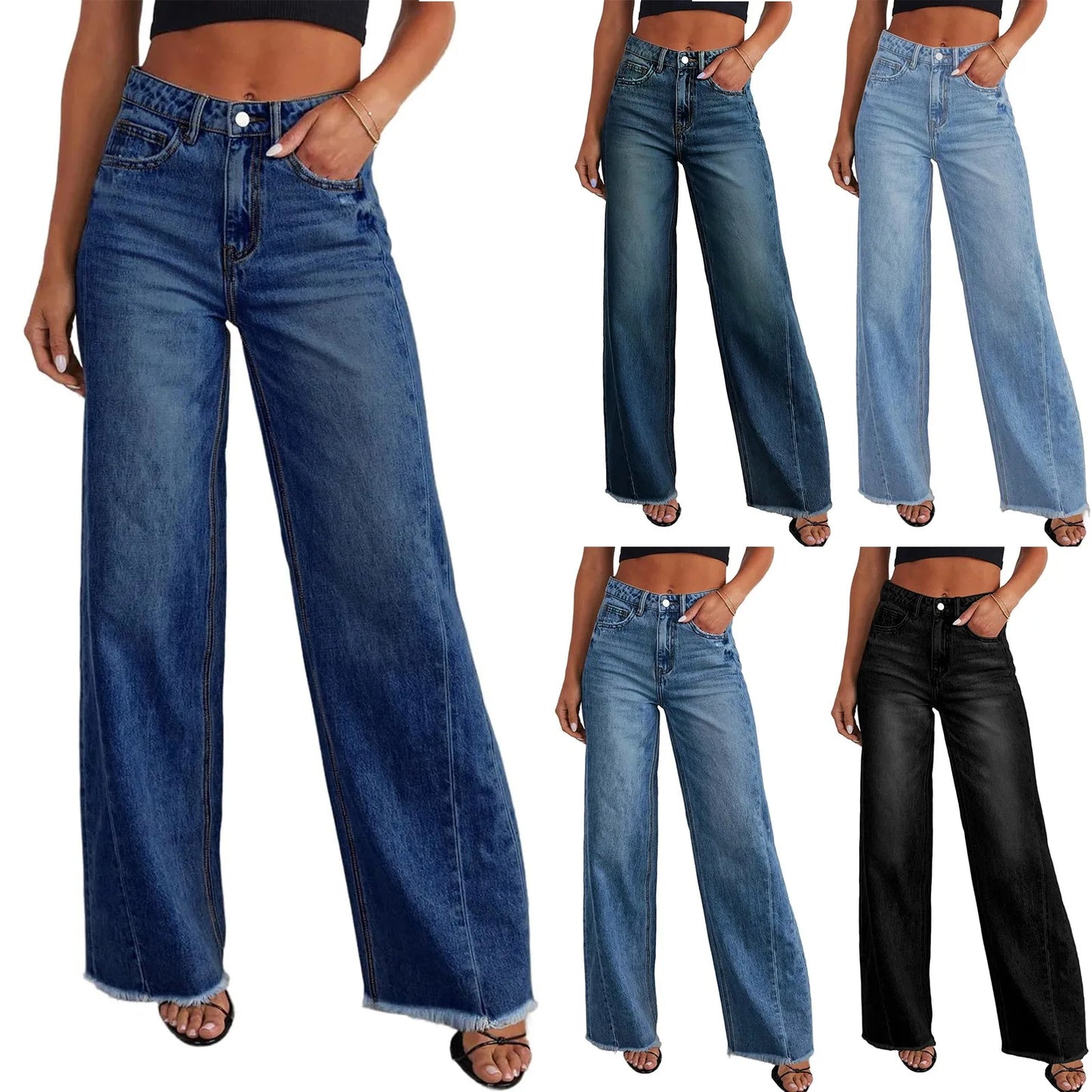 Women High Waist Casual Loose Wide Leg Slim Denim Pants Elegant Splice Pockets Straight Leg Floor Length Jeans