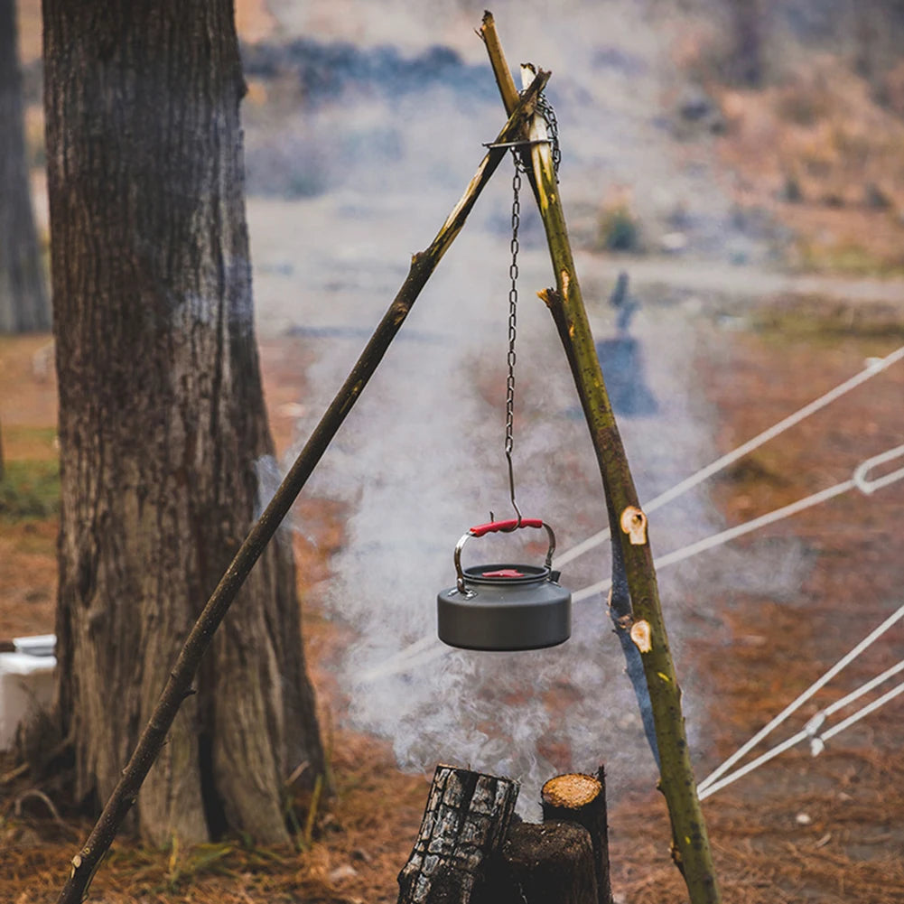 Cooking Pot Pan Tripod Mount Stainless Steel Camping Tripod Hanging Pot Bracket with Leather Storage Bag for Hiking and Bushcraft