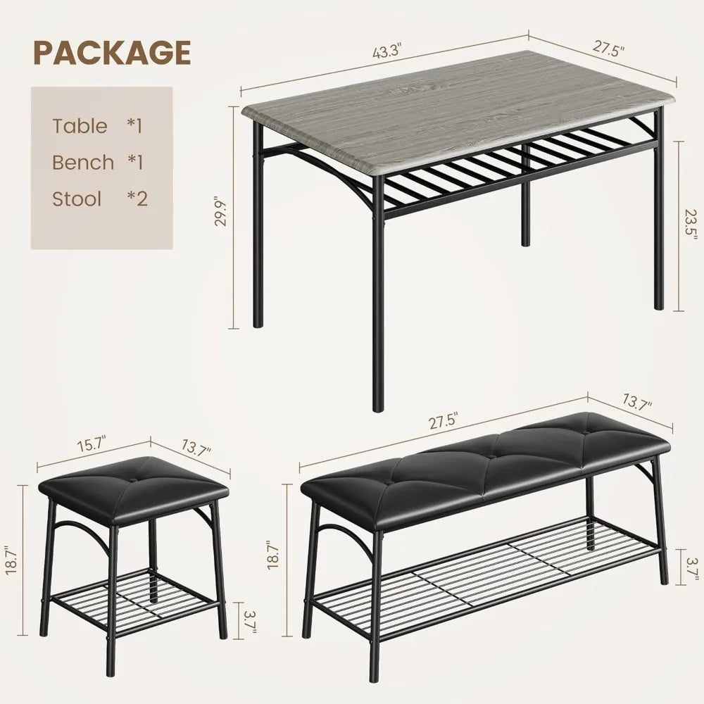 4 Piece Dining Table Set for 4 with Upholstered Bench And Square Stools - Kitchen Dining Set with Storage