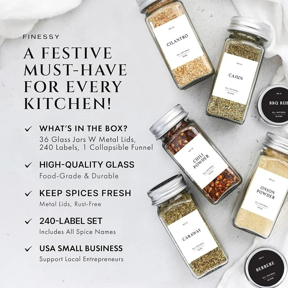 36 Pack Glass Spice Jars with Metal Lids and Labels Clear Storage Containers Kitchen Seasoning Organization Gift Set