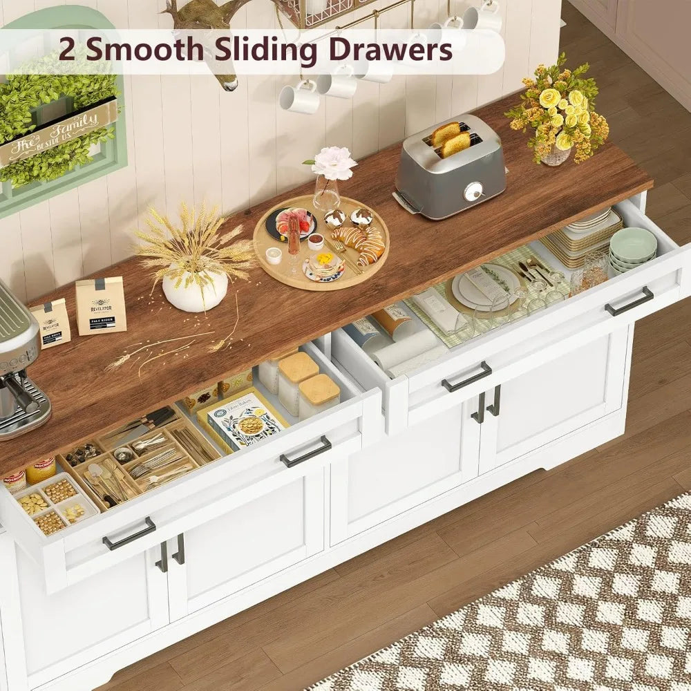 Large 63" Farmhouse Style Buffet Cabinet with 2 Adjustable Shelves and 4 Doors for Storage and Coffee Bar