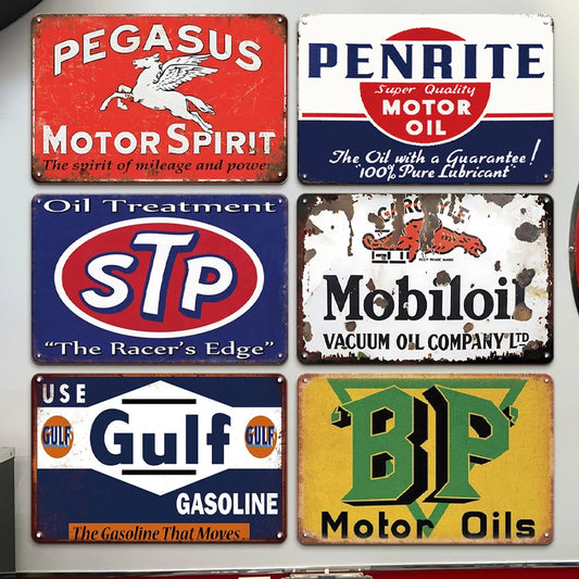 6pcs Vintage Metal Tin Signs - Retro Gas & Oil Advertising Wall Art Plaques - Classic Automobile Decor for Garage, Man Cave, Bar