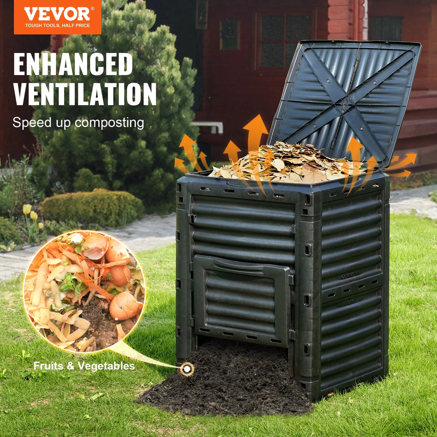 VEVOR Garden Compost Bin Large Capacity 80 Gallon BPA Free Outdoor Composter with Top Lid and Bottom Door Black