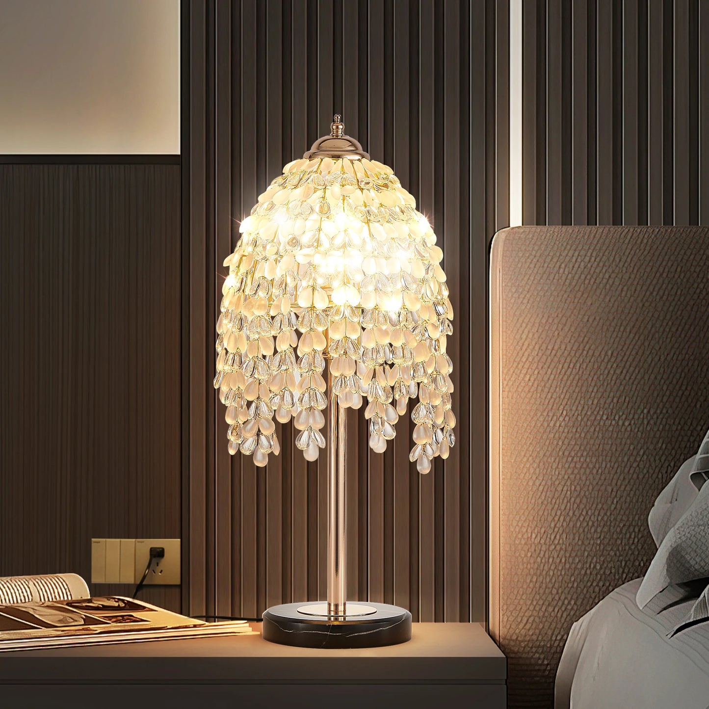 Elegant Crystal Table Lamp Vintage Waterfall Design with Crystal Bead String Shade&Marble Textured Base for Living Room Bedroom
