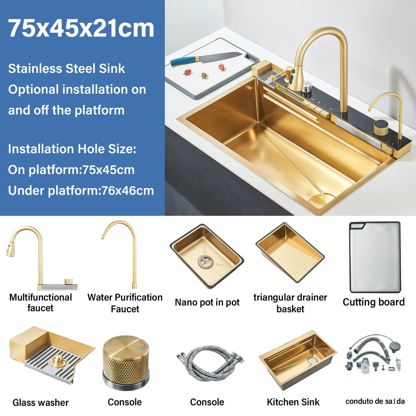 304 Stainless Steel Waterfall Kitchen Sink Large Single Slot Integrated Digital Display Faucet Set