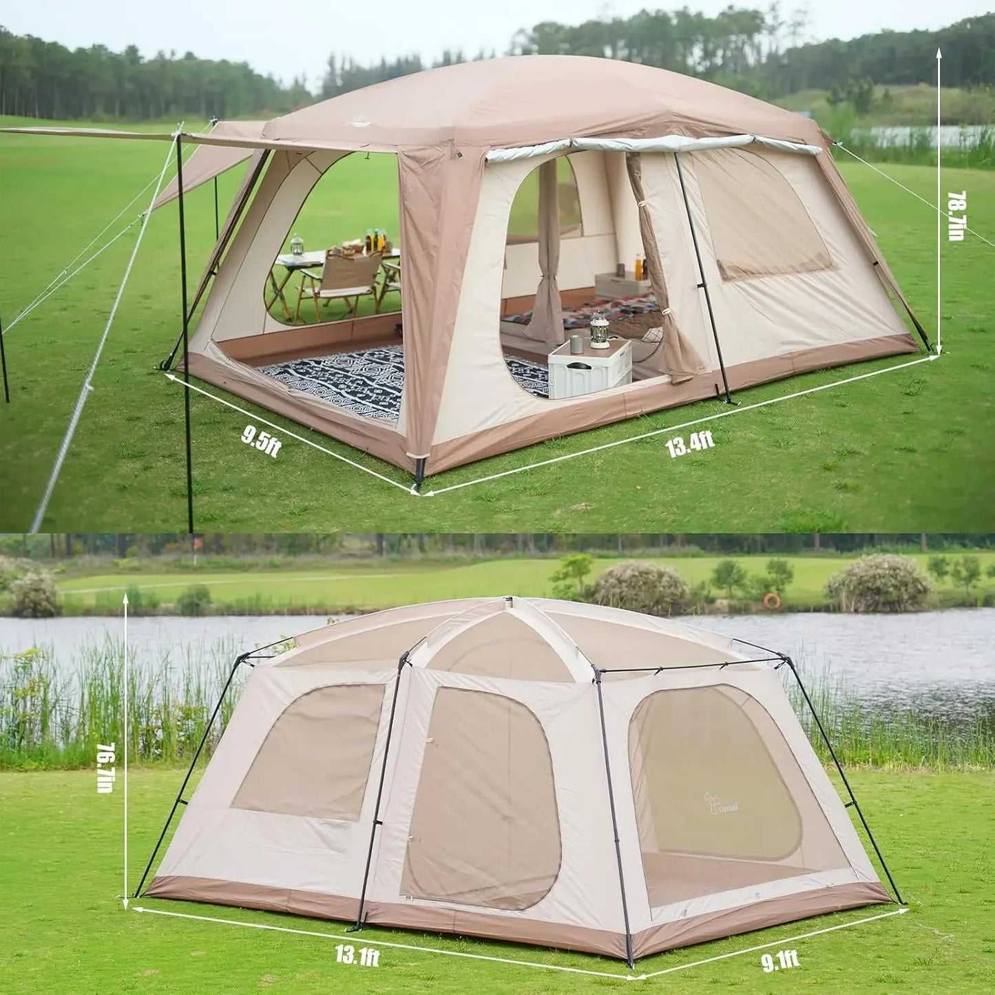 Large Family Camping Tent 8-10 Person Double Layer Waterproof 3 Door 2 Room Portable Glamping Cabin Tent for Outdoor Activities