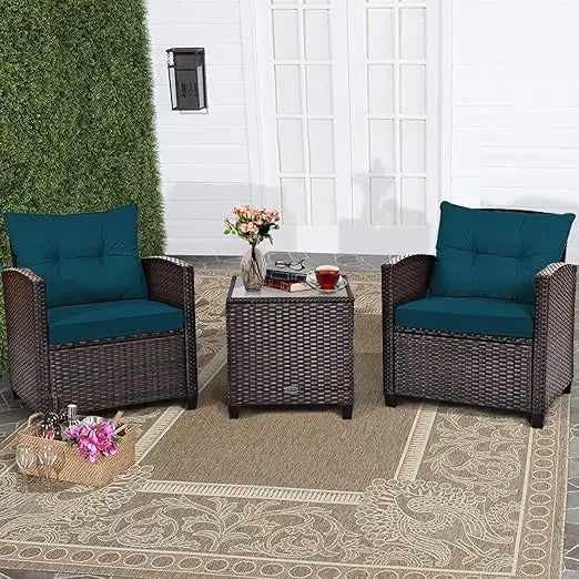 3 Piece Patio Furniture Set, Wicker Bistro Conversation Set w/ 2 Cushioned Armchairs & Glass Topped Table, Outdoor Rattan Sofa