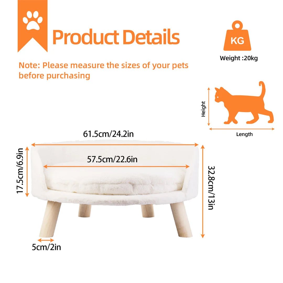 Luxury Soft Warm Plush Pet Bed Nesting Chair with Wood Legs And Washable Waterproof Cushion Pad for Small Pets White