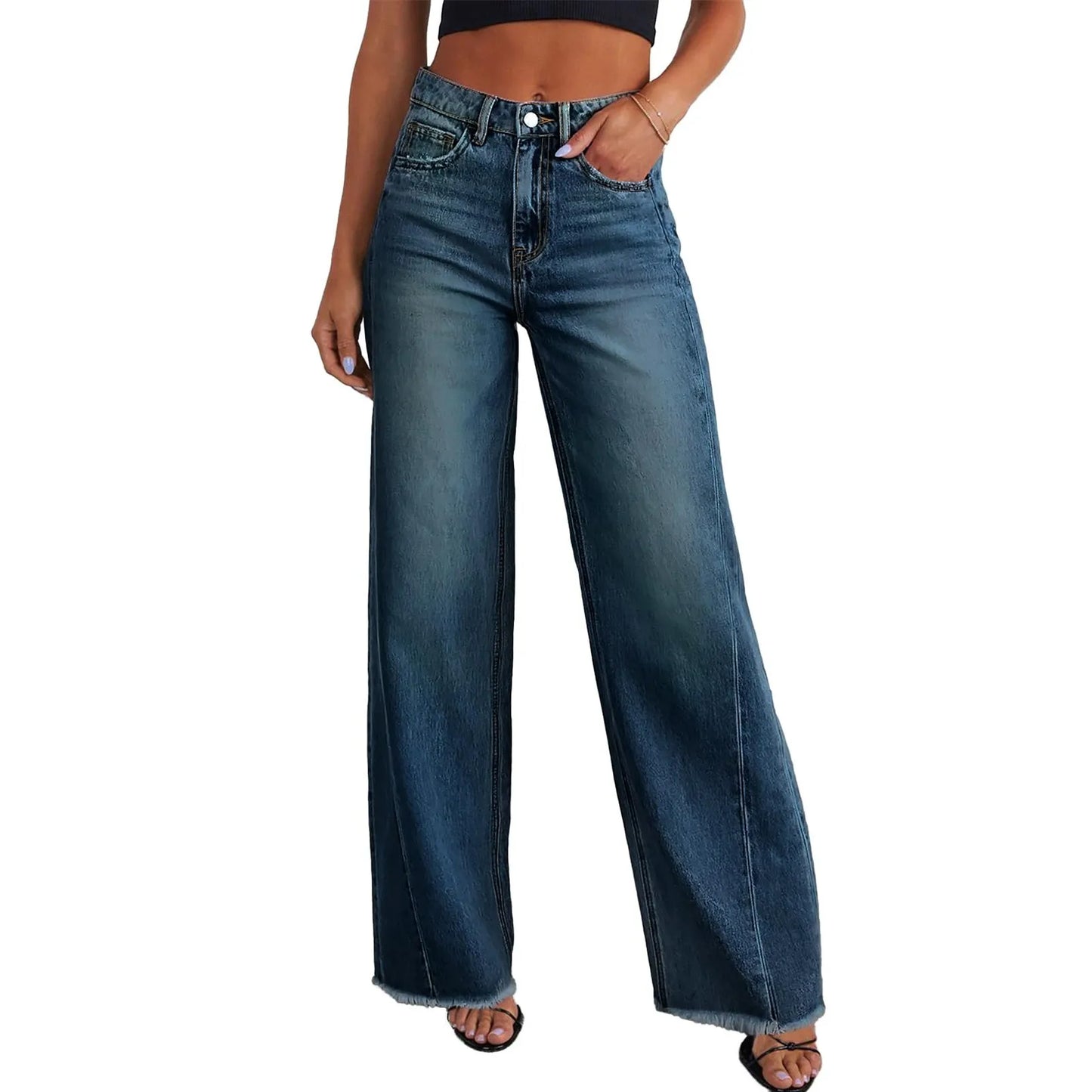 Women High Waist Casual Loose Wide Leg Slim Denim Pants Elegant Splice Pockets Straight Leg Floor Length Jeans