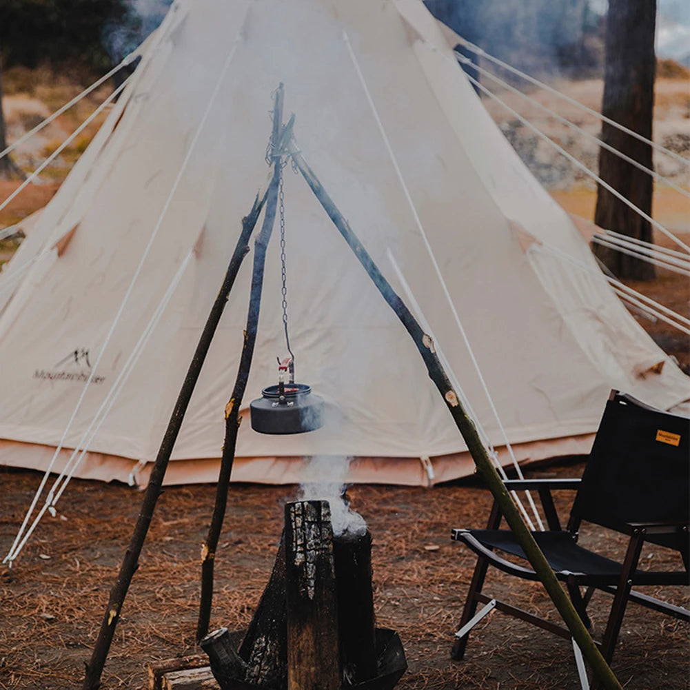 Cooking Pot Pan Tripod Mount Stainless Steel Camping Tripod Hanging Pot Bracket with Leather Storage Bag for Hiking and Bushcraft