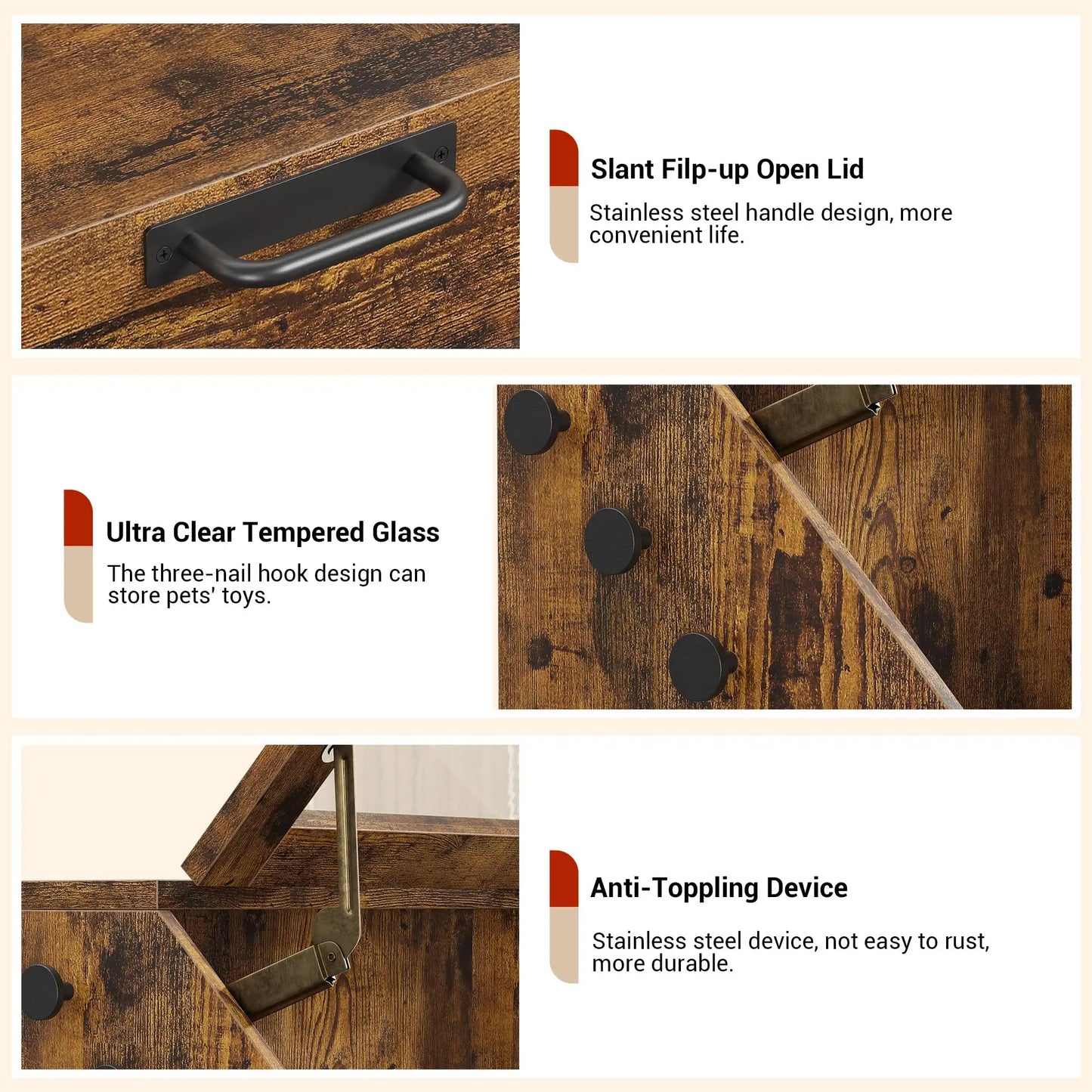 Large Dog Food Storage Cabinet with Flip Top - Pet Feeding Station & Organizer w/Transparent Lid, Side Hooks for Leashes etc.